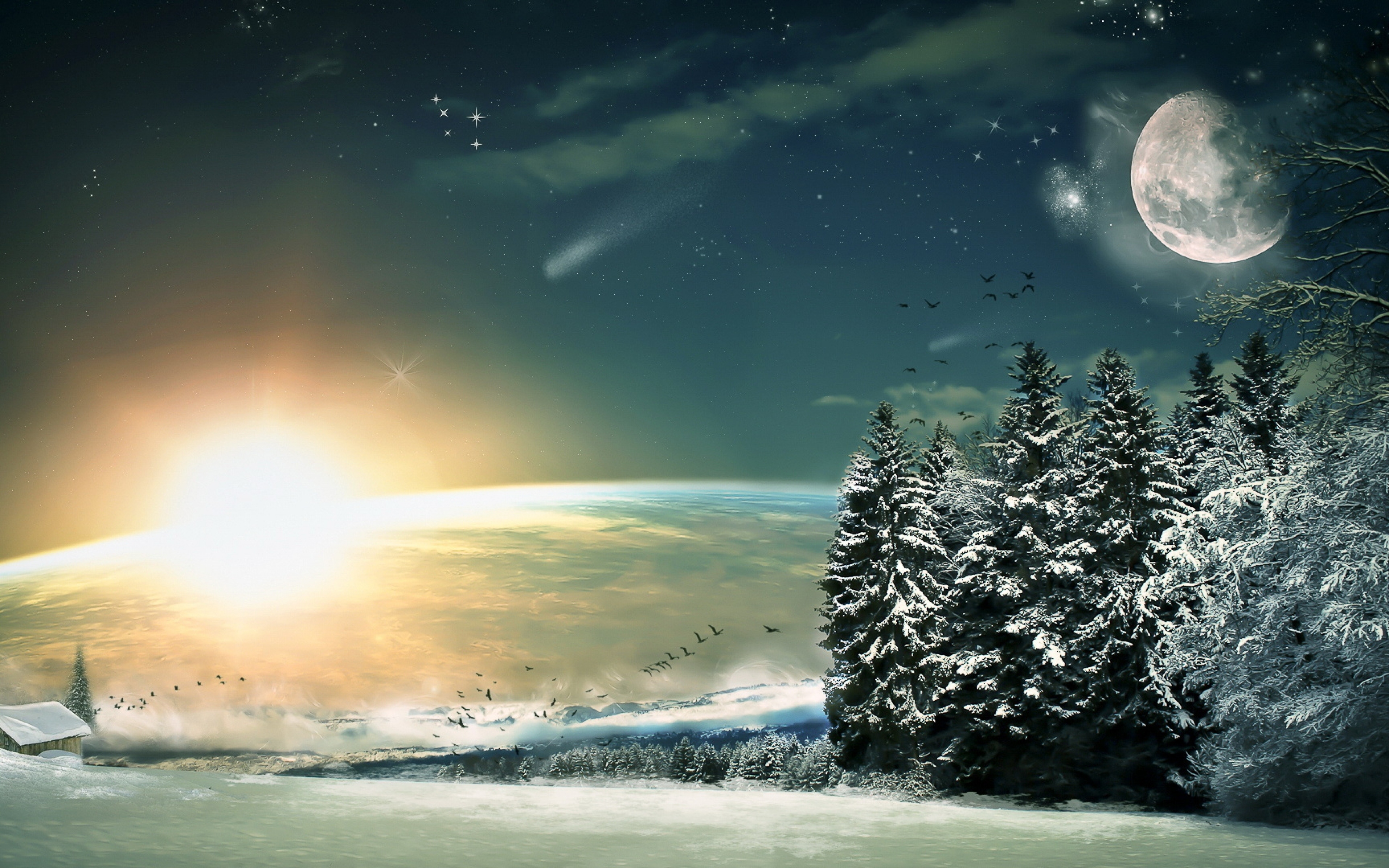 Sole e luna paesaggio invernale, 3840x2400 4K Ultra HD, Smart TV 4K