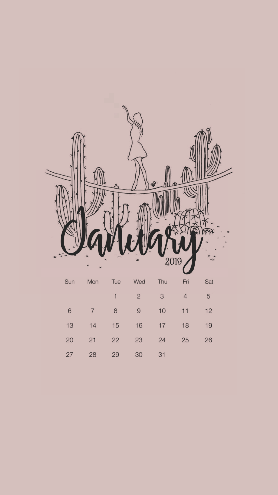 Calendario gennaio cactus rosa, 1080x1920 Full HD Verticale, Smartphone