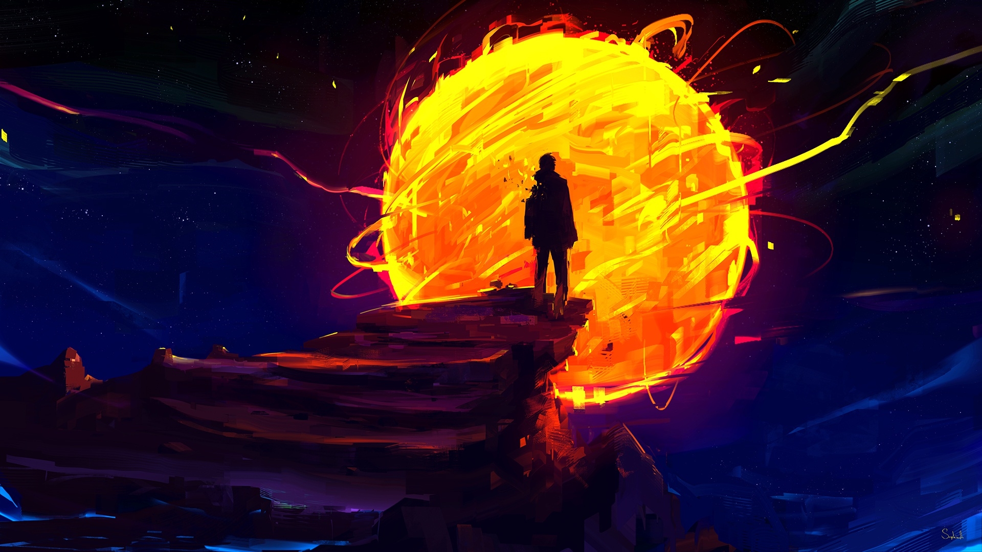 Silhouette su scogliera vicino sole, 1920x1080 Full HD 1080p, PC