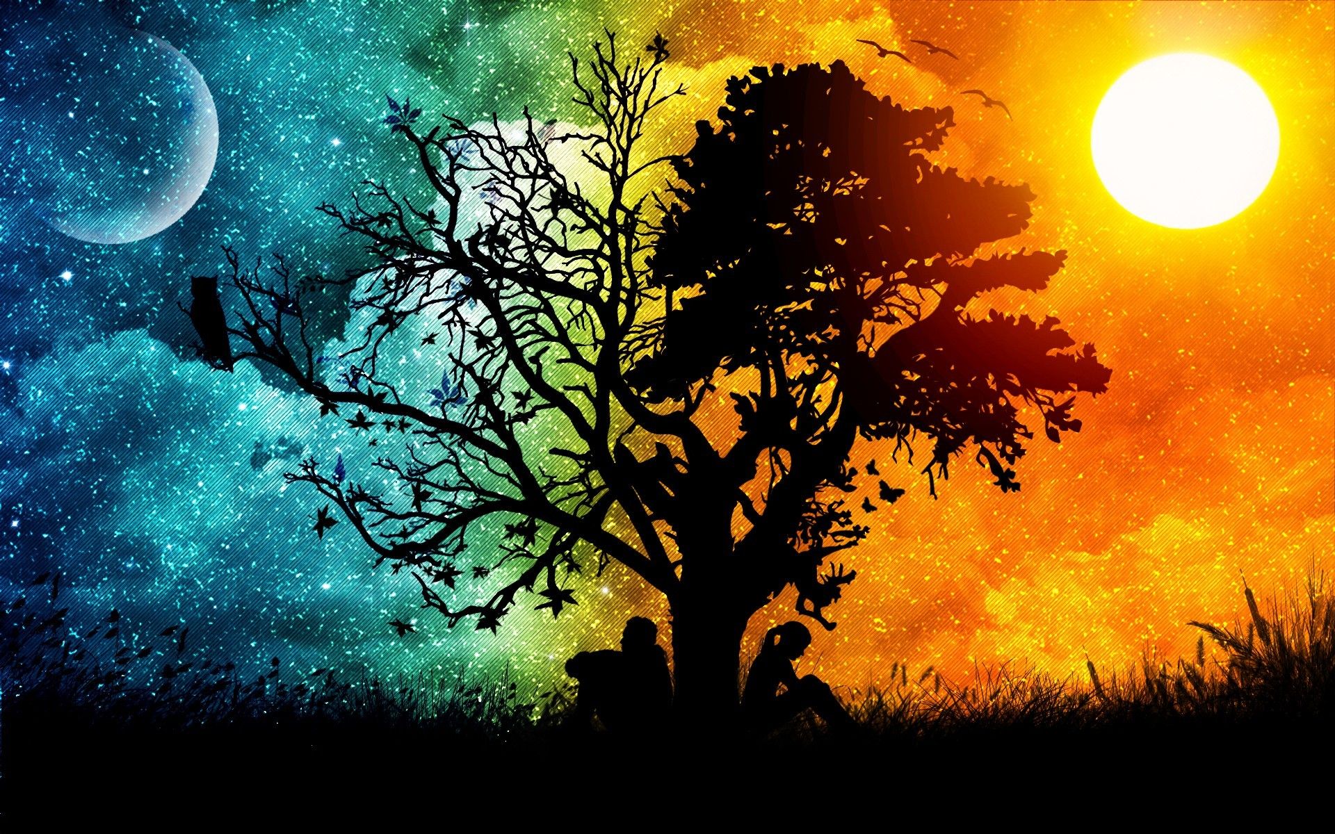 Albero silhouette, sole e luna, 1920x1200 Full HD+ WUXGA, Desktop