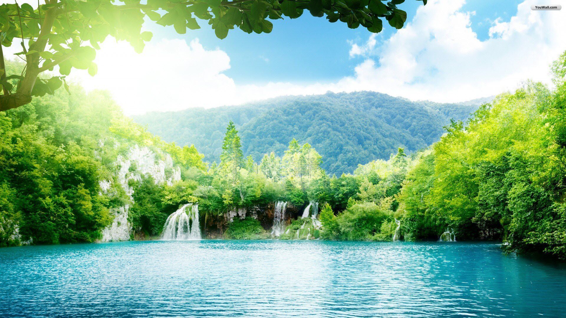 Lago con cascate e sole, 1920x1080 1080p, Desktop