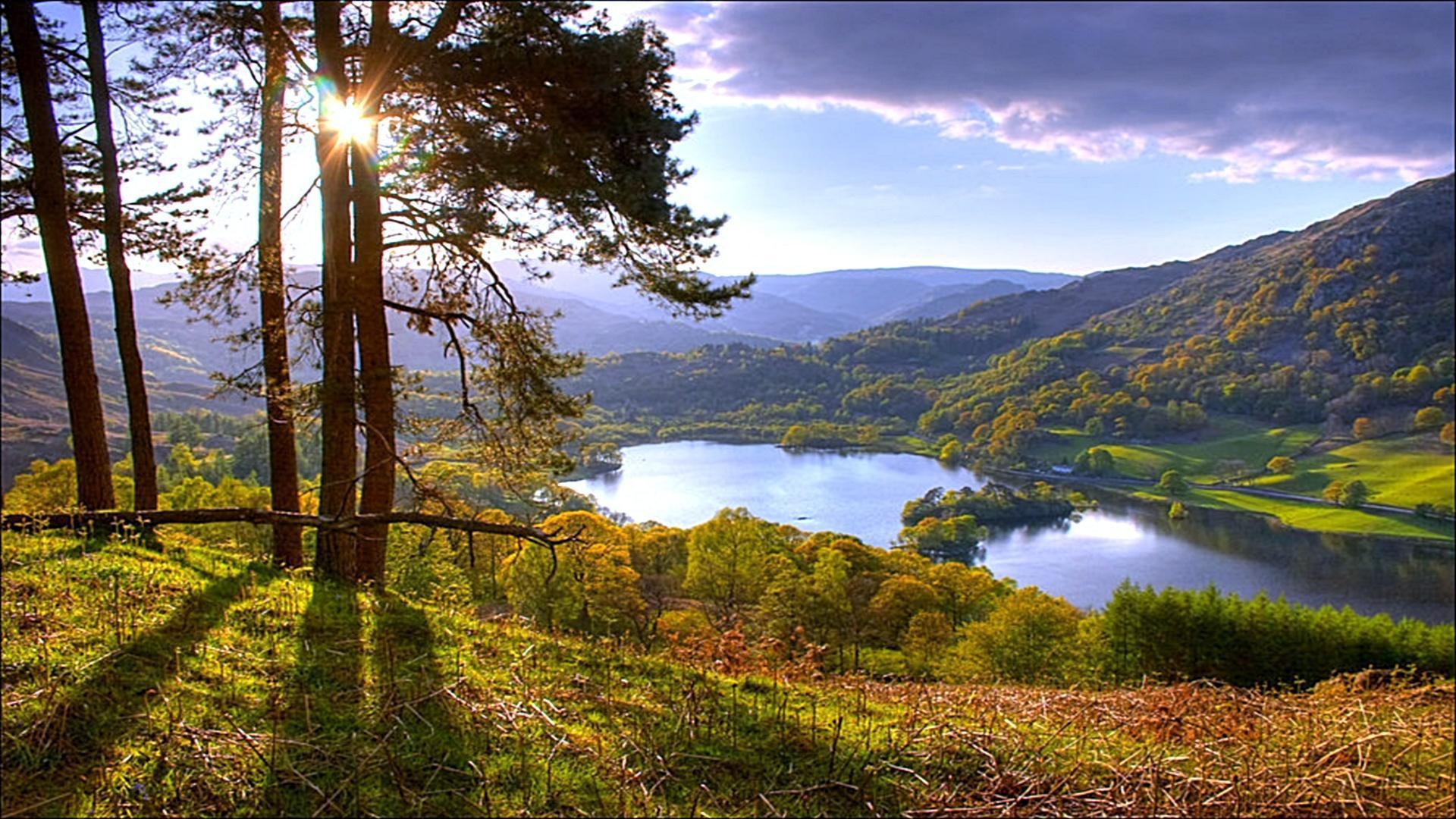 Lago tra colline soleggiate, 1920x1080 Full HD, PC Desktop