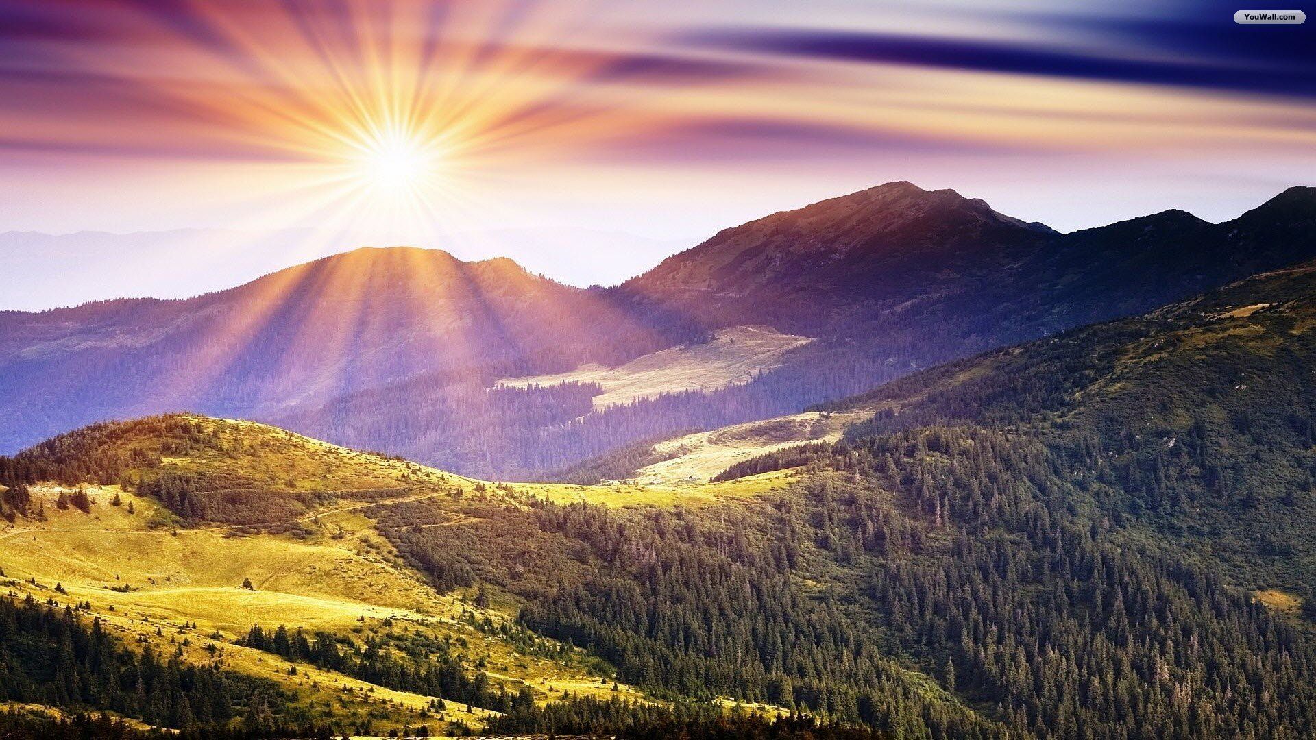 Sole raggiante su montagne verdi, 1920x1080 1080p, PC