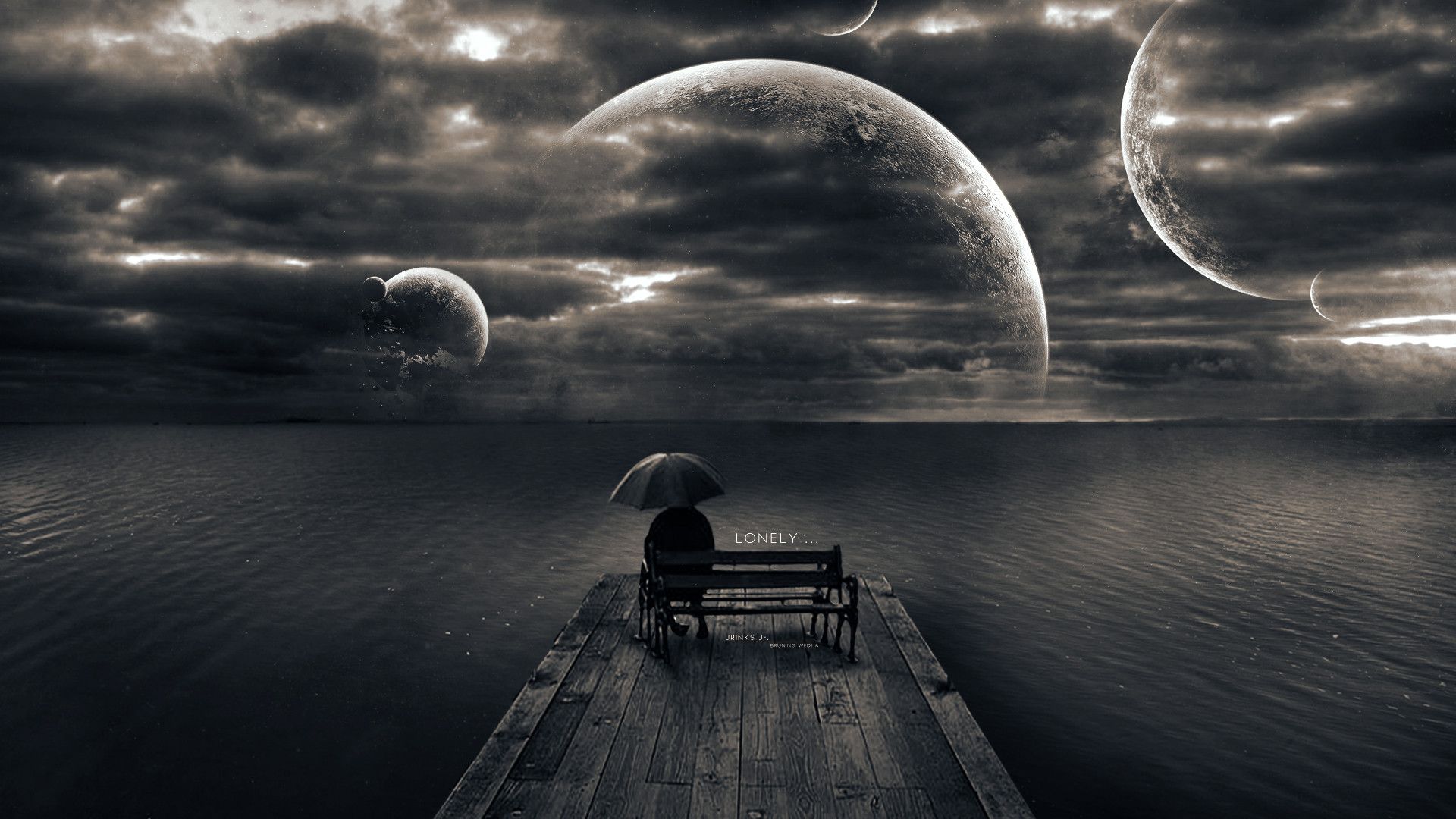 Figura solitaria su molo con pianeti, 1920x1080 1080p, Laptop