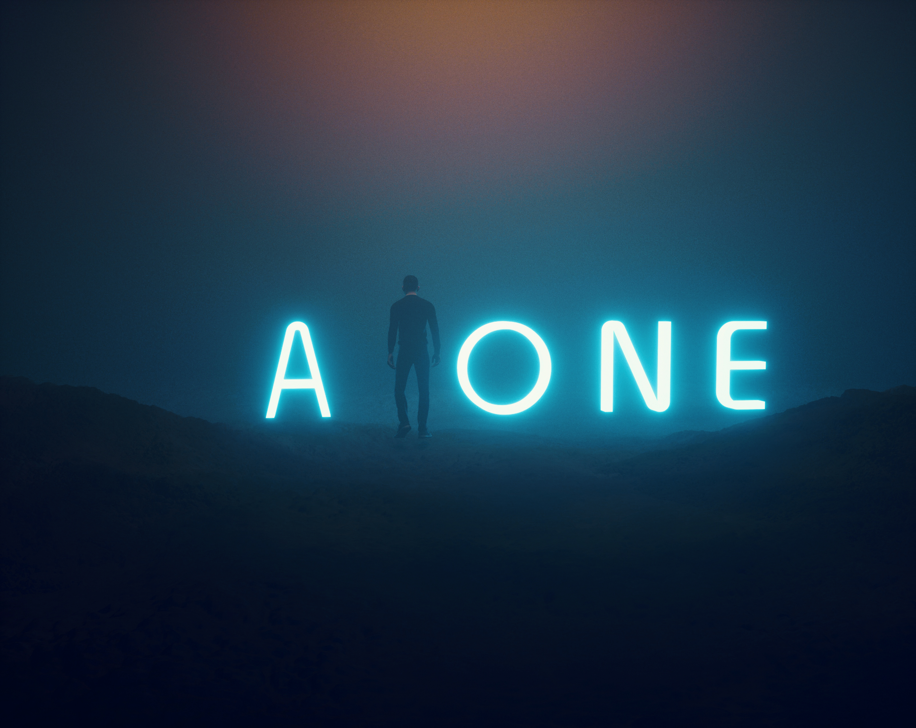 Silhouette uomo scritta neon Alone, 3207x2551 2K, Desktop