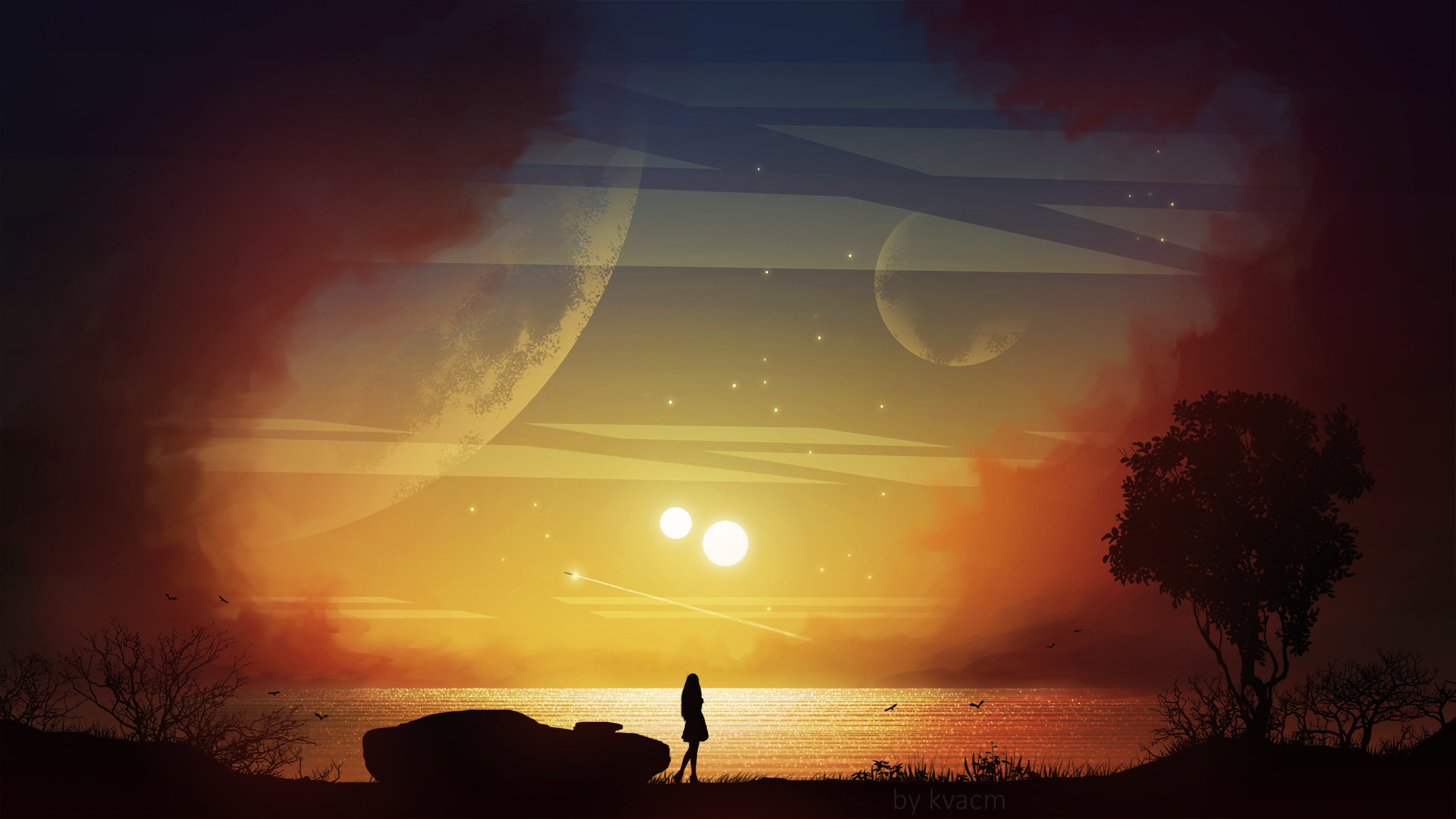 Figura solitaria al tramonto alieno, 1920x1080 Full HD 1080p, PC
