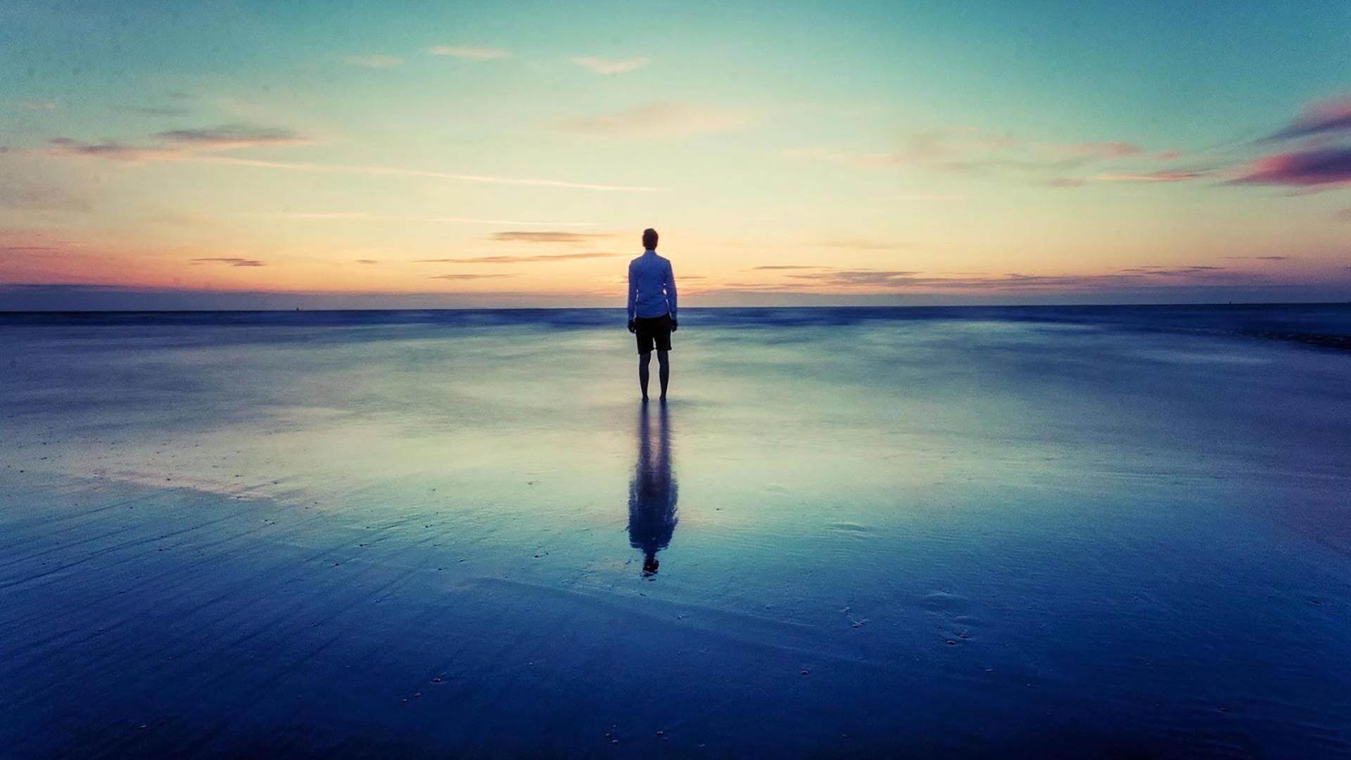 Persona sola spiaggia tramonto, 1920x1080 Full HD, PC