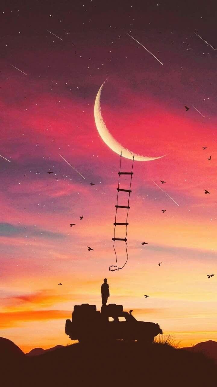 Figura solitaria, scala verso luna, 720x1280 Verticale, Android