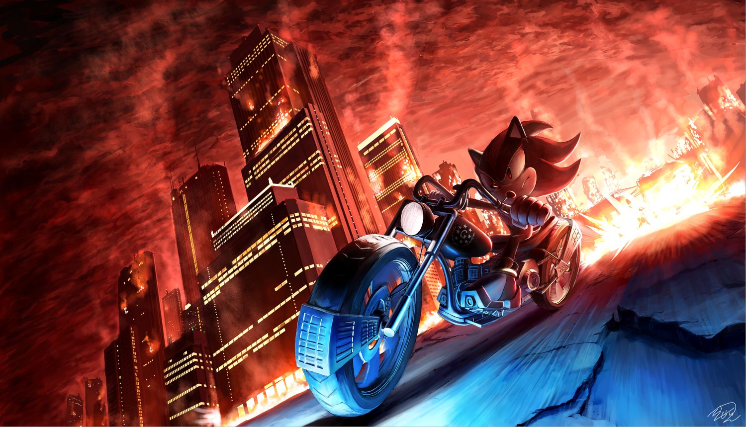 Sonic su moto città in fiamme, 1500x859 HD, Desktop