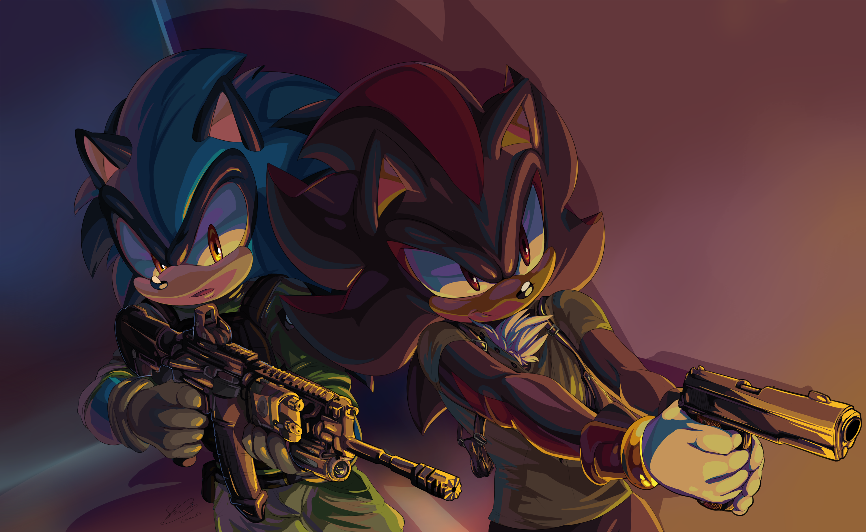 Sonic e Shadow con pistole, riccio blu, 3000x1846 2K, PC