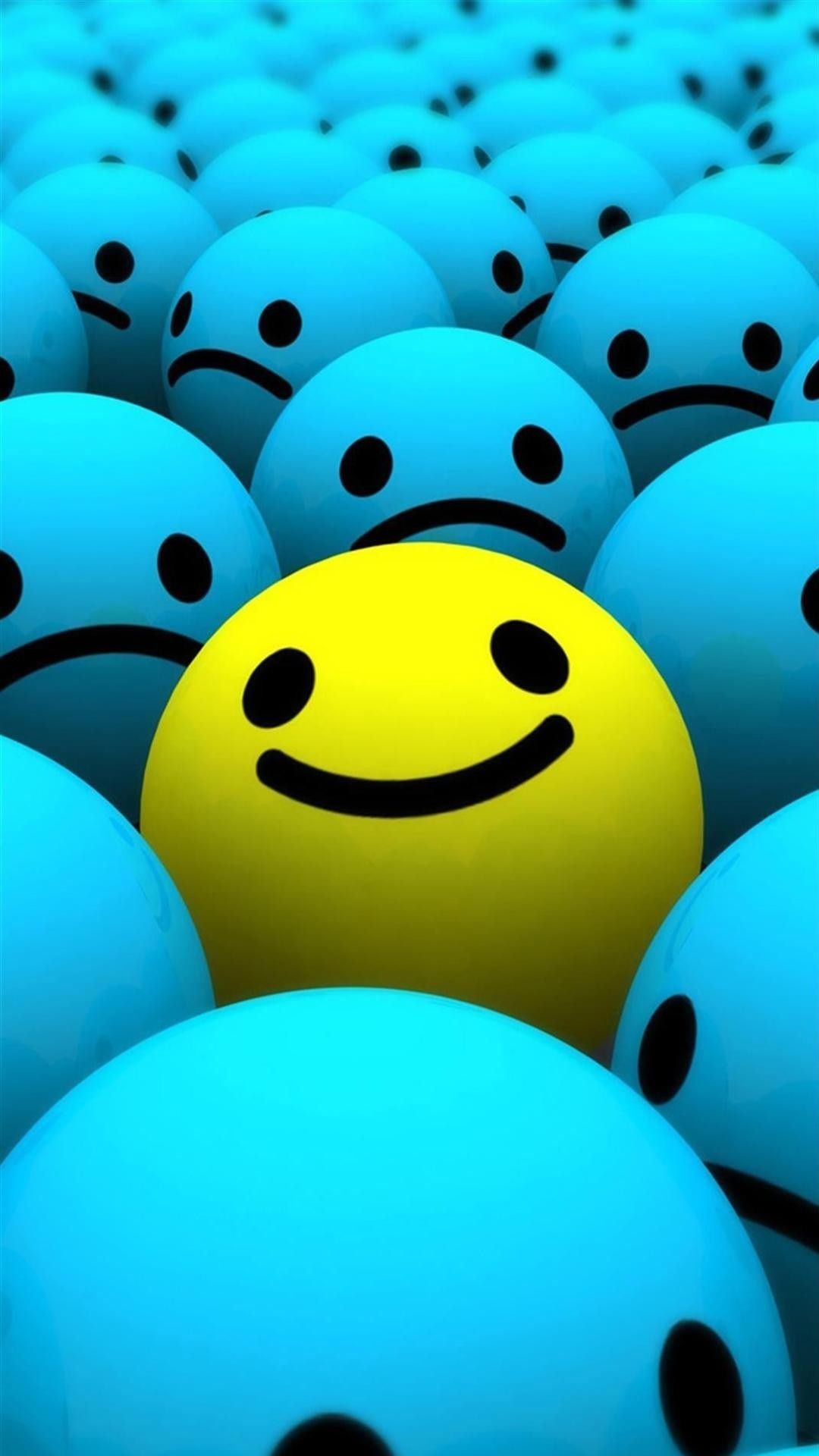 Sfera gialla sorridente tra sfere blu, 1080x1920 Full HD Verticale, iPhone