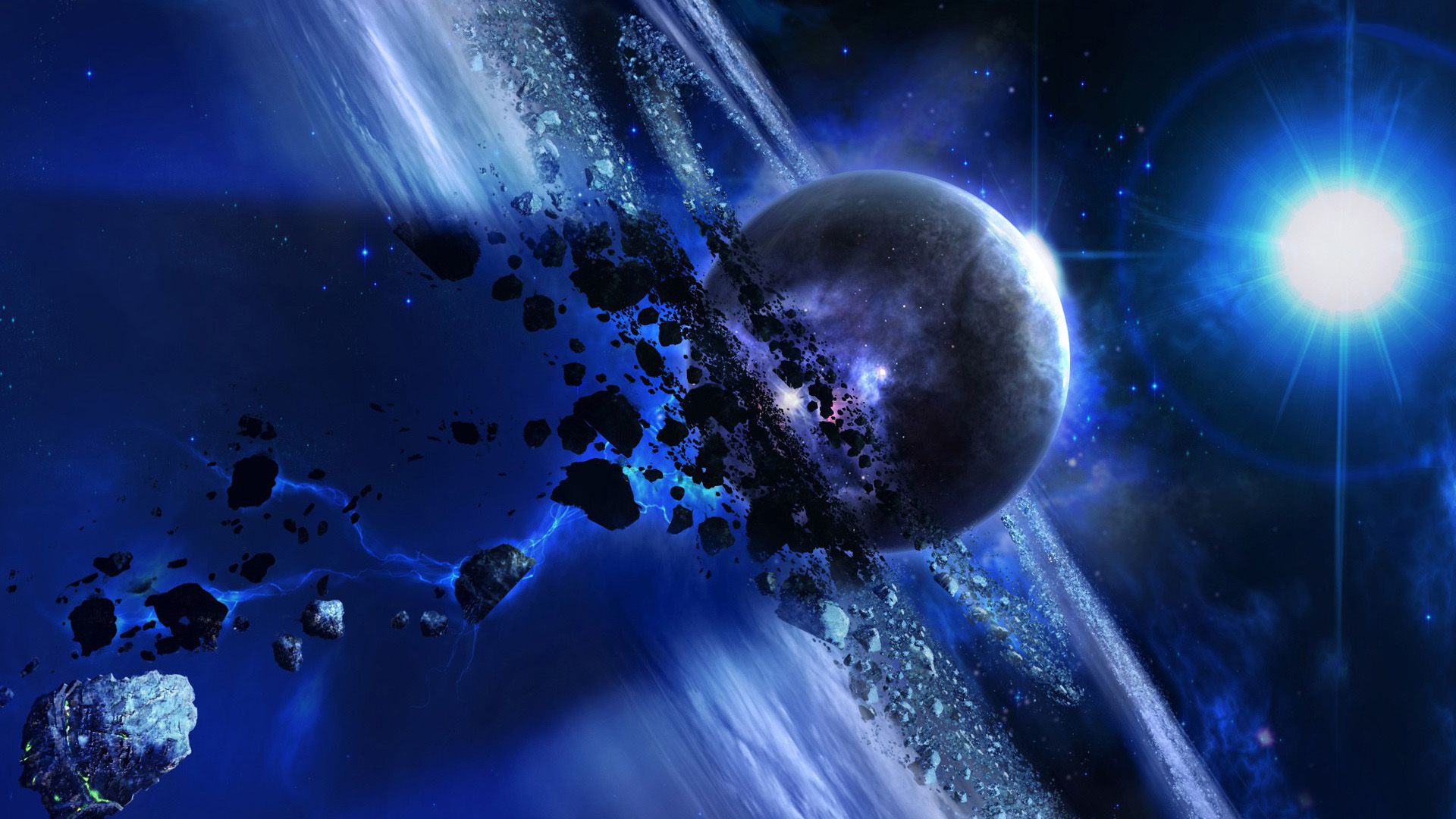 Pianeta blu con anelli spaziali, 1920x1080 Full HD, PC Desktop