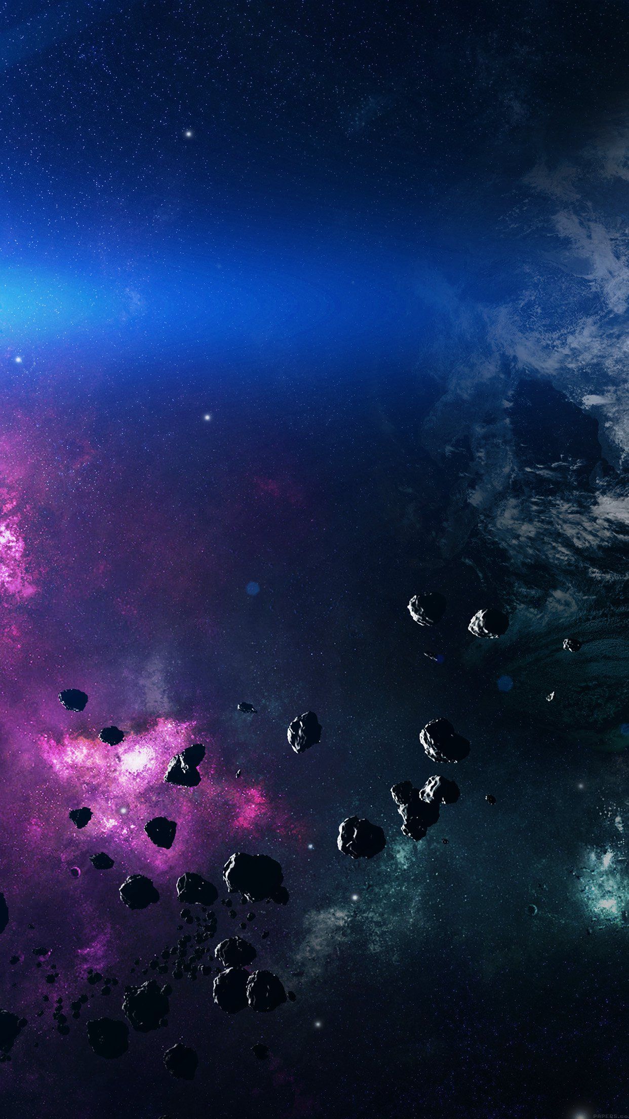 Asteroidi nebulosa spazio blu viola, 1242x2208 Verticale, Mobile