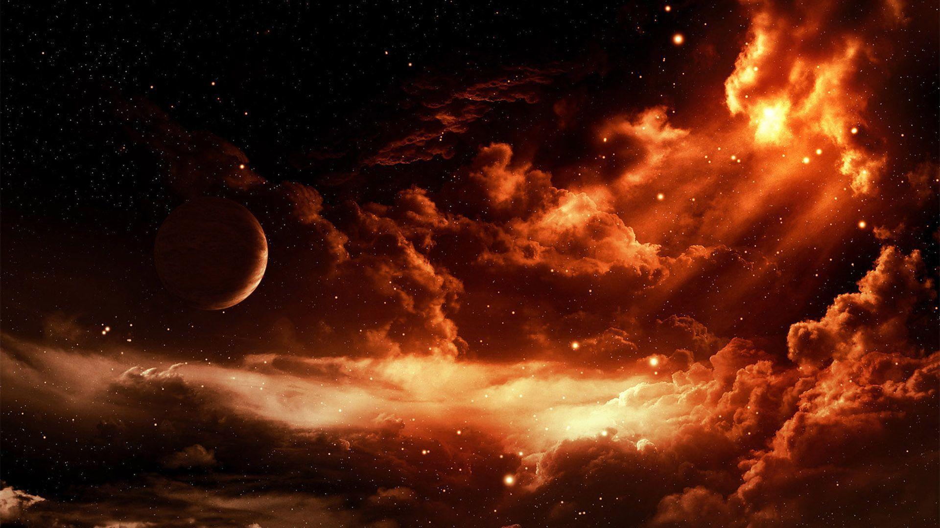Nebulosa arancione con pianeta, 1920x1080 1080p, Laptop