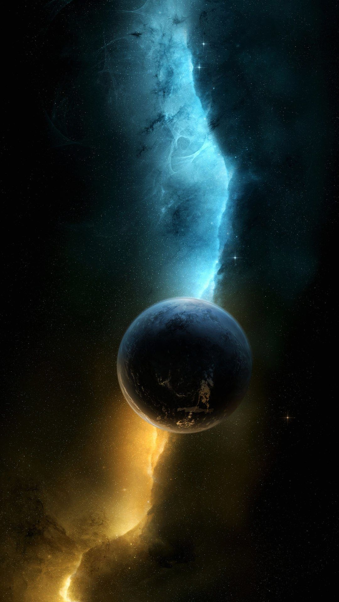 Pianeta scuro con nebulosa cosmica, 1080x1920 Verticale, Telefono