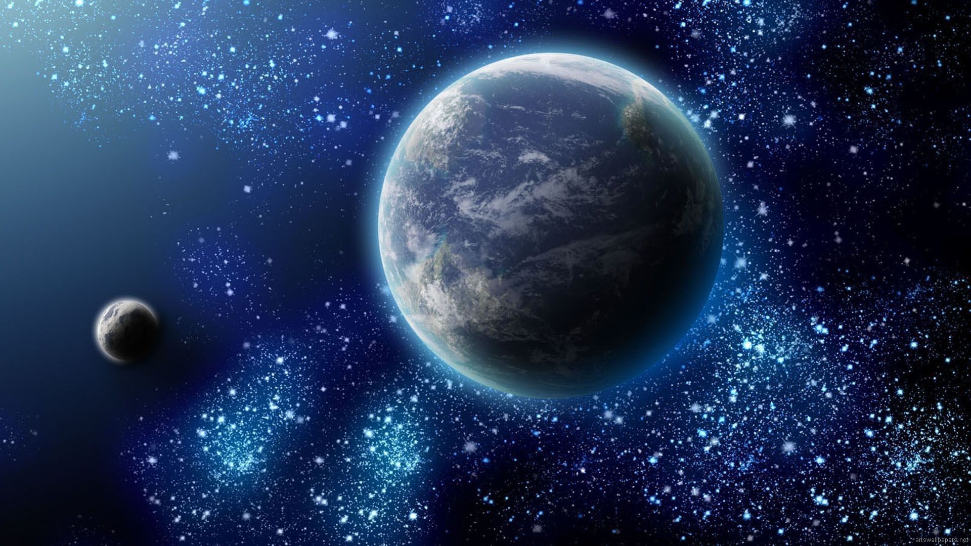 Pianeta blu con luna e stelle, 1920x1080 Full HD 1080p, Laptop