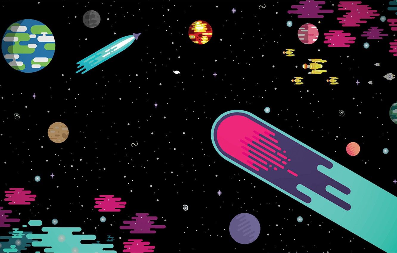 Spazio cartoon con pianeti e comete, 1332x850 720p, PC