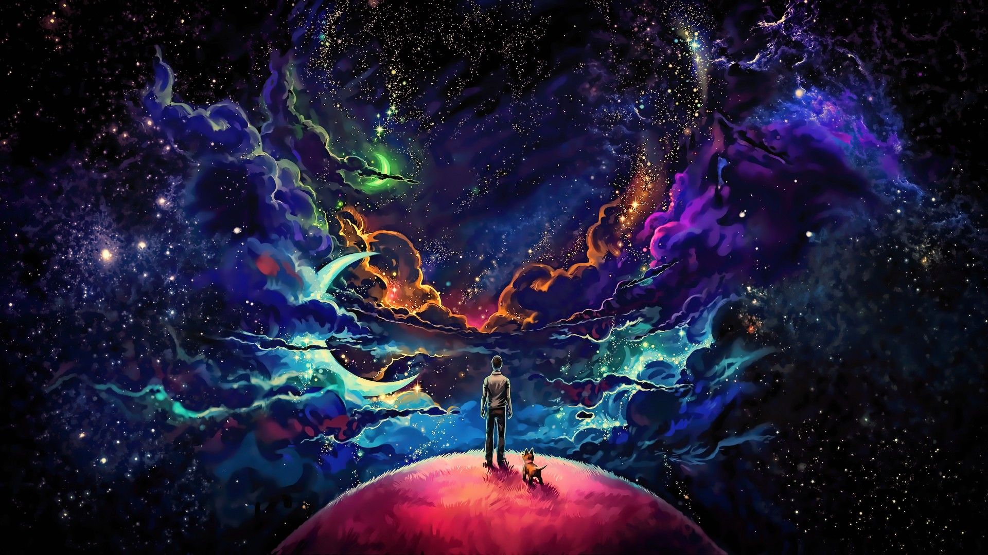 Uomo e cane su pianeta, nebulosa, 1920x1080 Full HD, Laptop