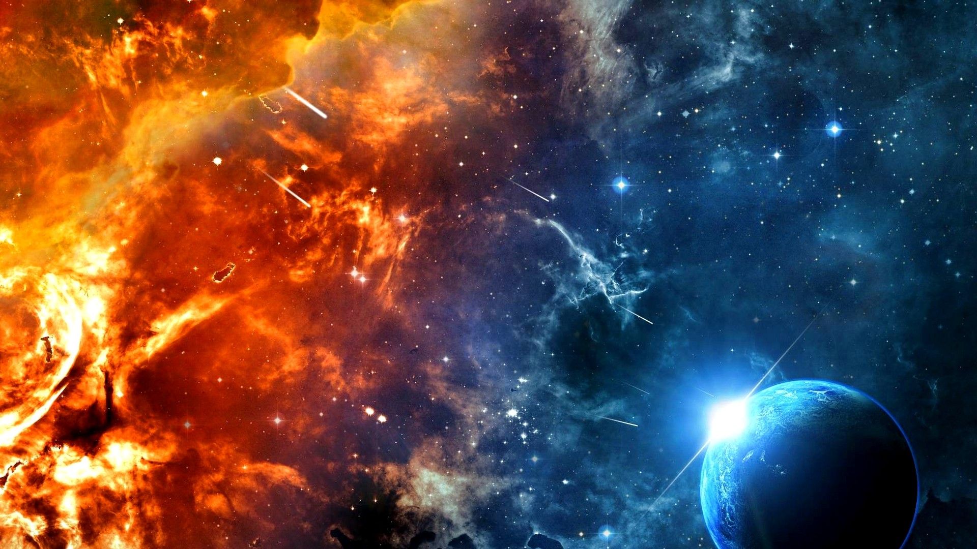 Nebulosa fuoco e ghiaccio con pianeta, 1920x1080 Full HD, PC