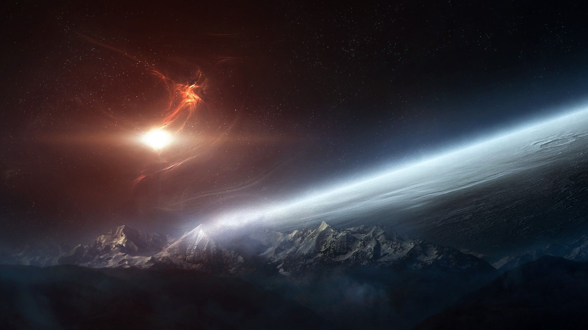 Montagne innevate sotto cielo cosmico, 1920x1080 1080p, PC