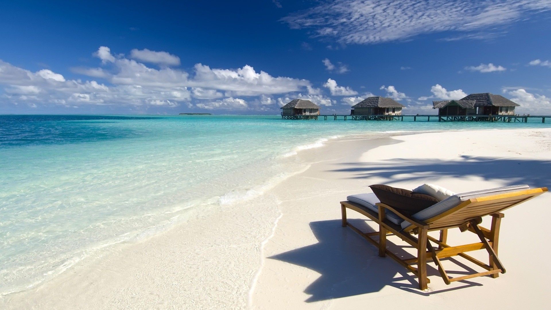 Spiaggia tropicale bungalow acqua turchese, 1920x1080 Full HD 1080p, Desktop