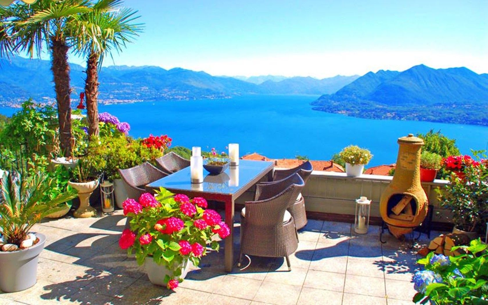 Veranda con vista lago e fiori, 1680x1050 HD, Desktop