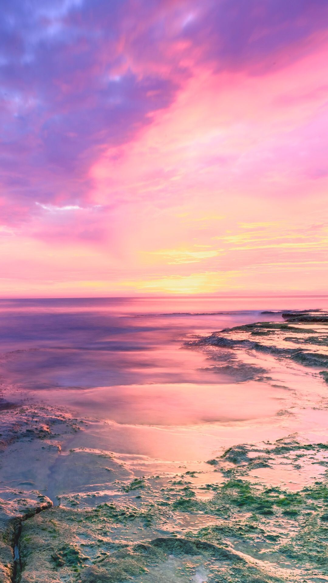 Spiaggia rocciosa tramonto rosa, 1080x1920 Verticale, Telefono