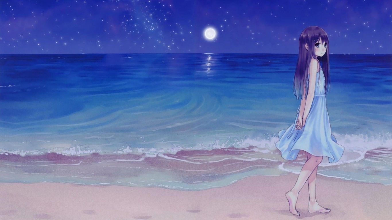 Ragazza anime spiaggia notturna, 1366x768 720p, Laptop