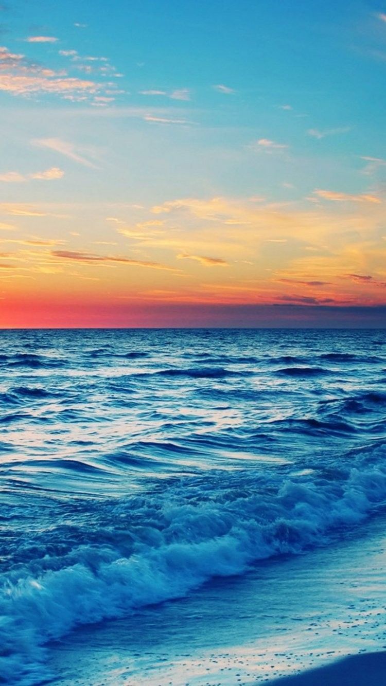 Spiaggia al tramonto, onde blu, 750x1334 Verticale, Telefono