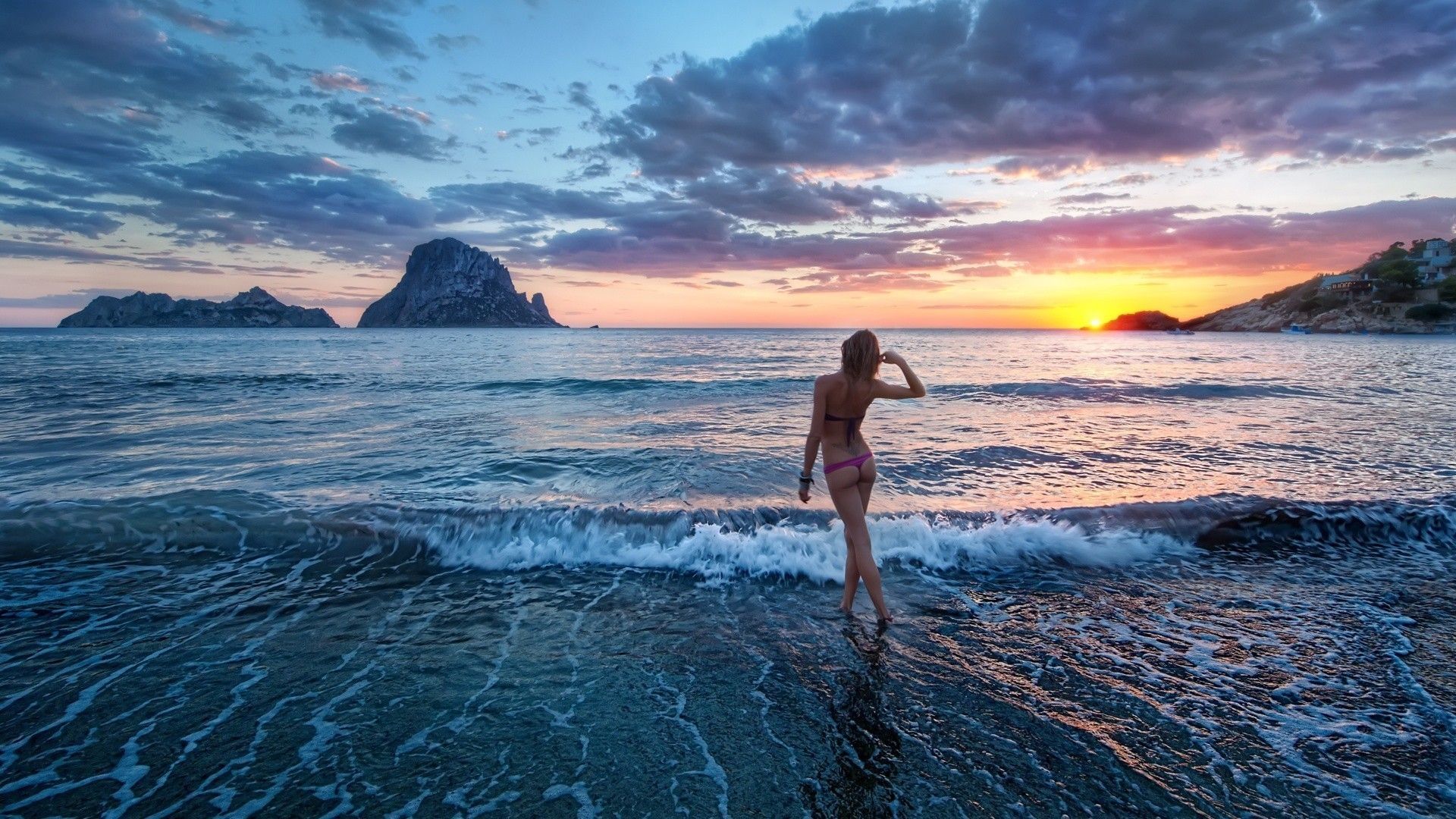Donna al tramonto in spiaggia, 1920x1080 Full HD, PC