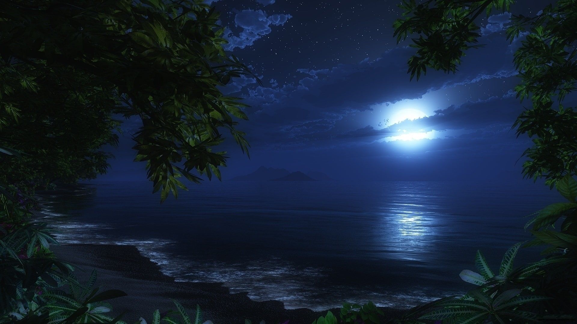 Spiaggia di notte con luna, 1920x1080 Full HD 1080p, Desktop
