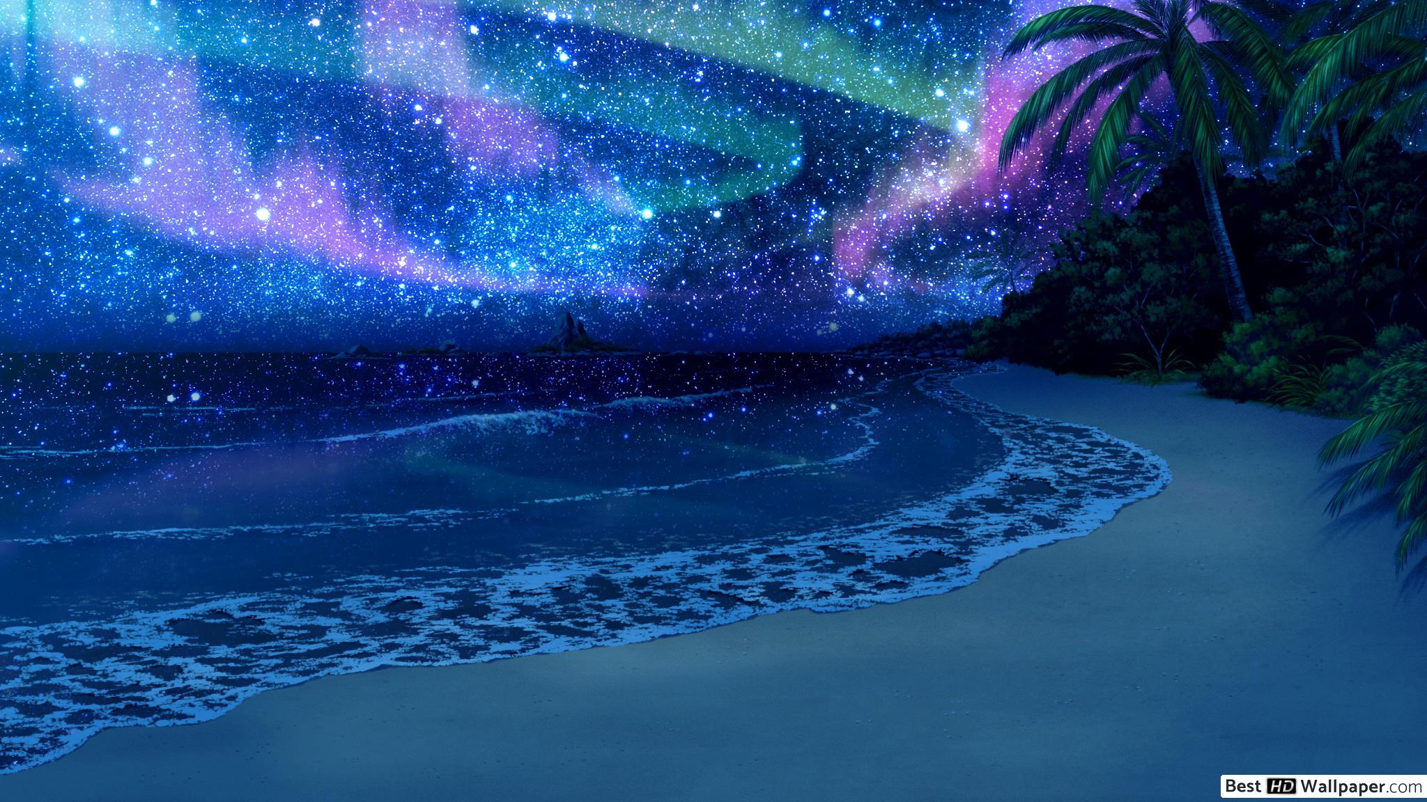 Spiaggia notturna con aurora, 2048x1152 2K, Desktop