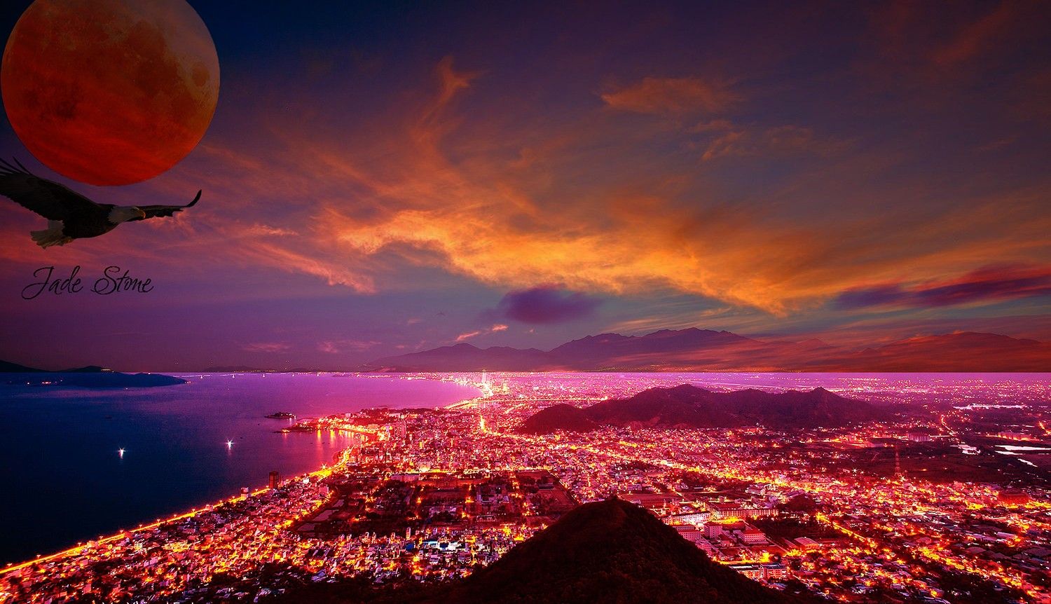Città costiera vista di notte, 1500x862 HD, Desktop