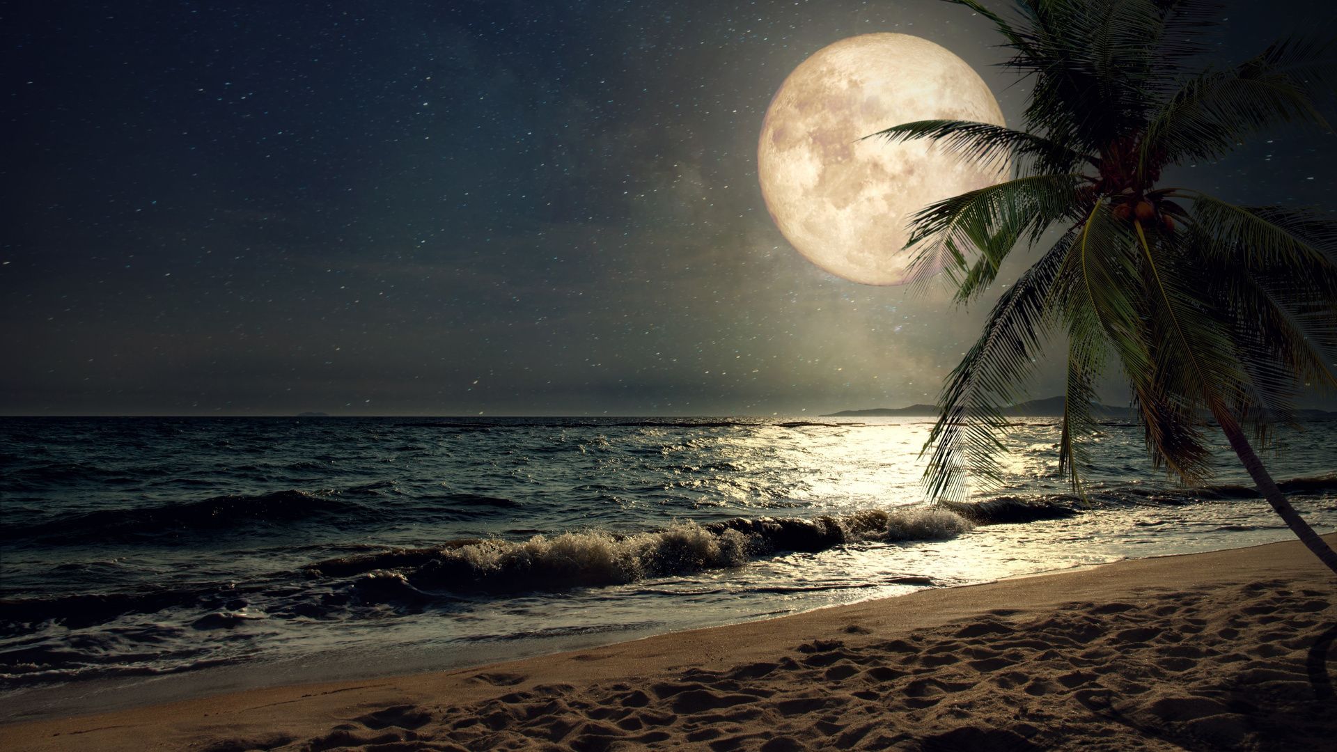 Spiaggia di notte con luna, 1920x1080 Full HD 1080p, PC Desktop