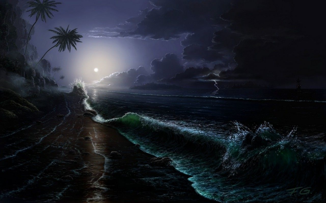 Spiaggia notturna con luna, 1280x800 HD, Desktop