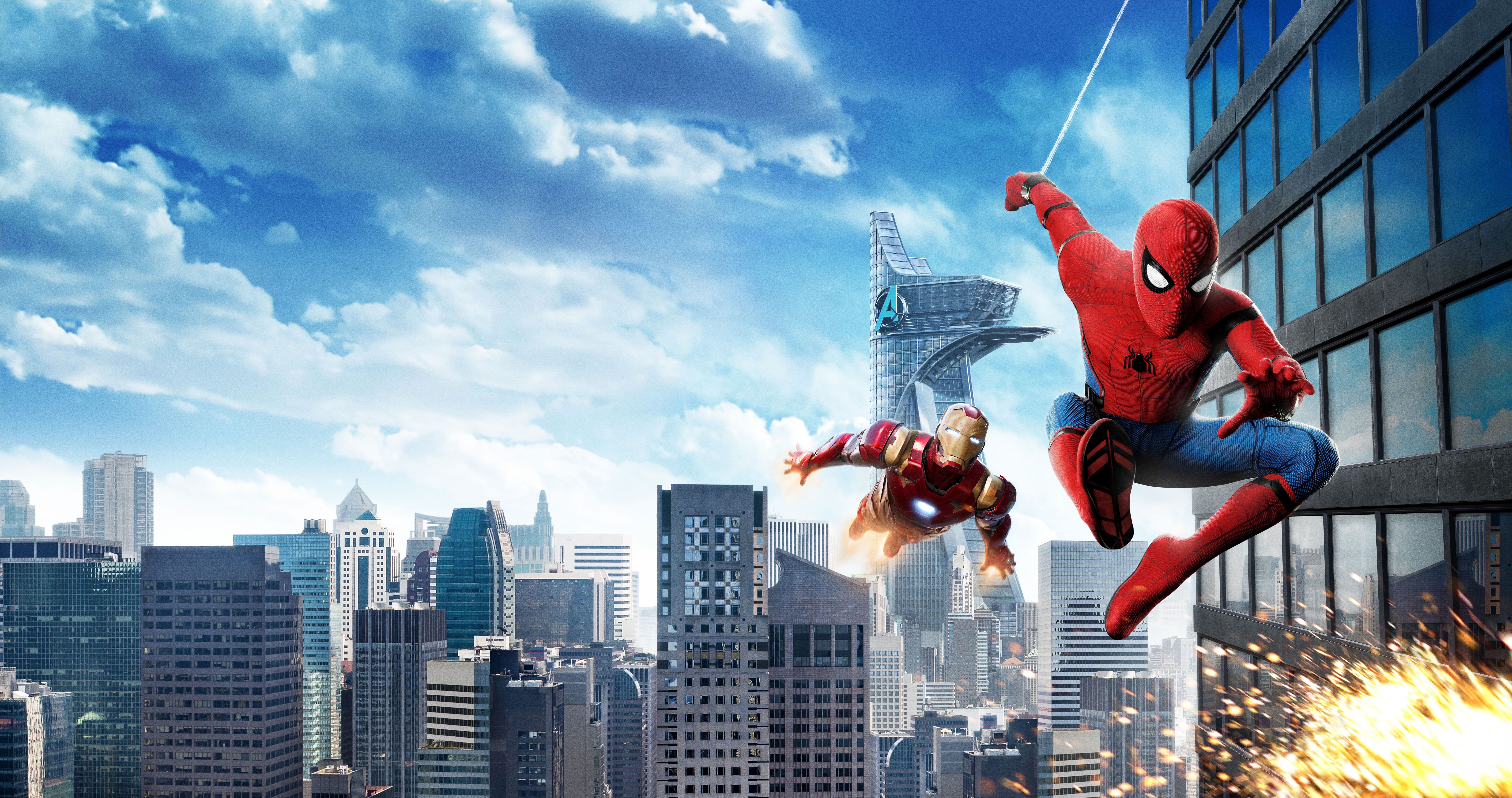 Spider-Man e Iron Man città, Tony Stark, 9473x5000 Ultra HD, 4K TV