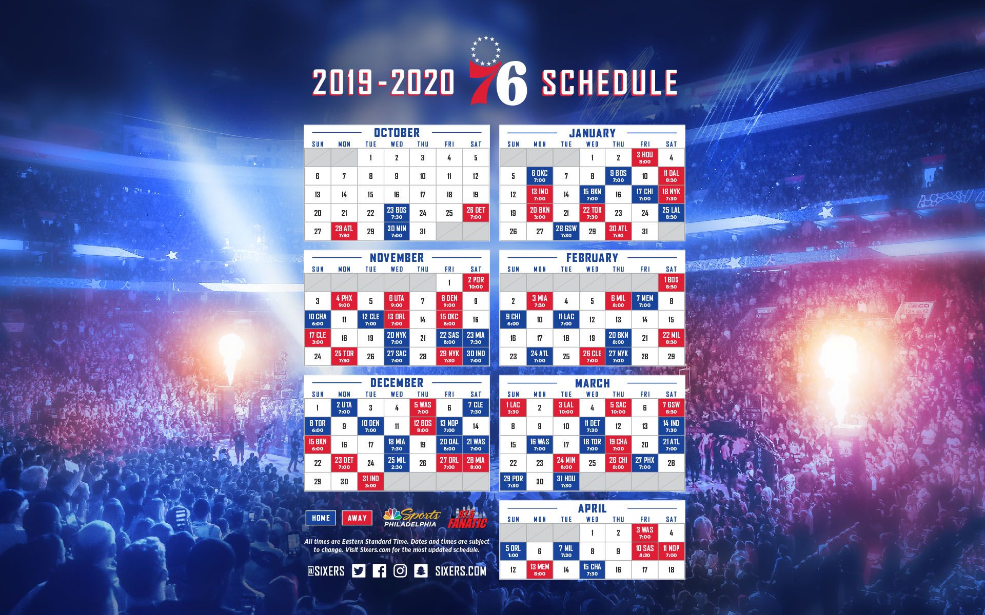 Calendario Philadelphia 76ers 2019-2020, 1920x1200 Full HD+ WUXGA, Desktop