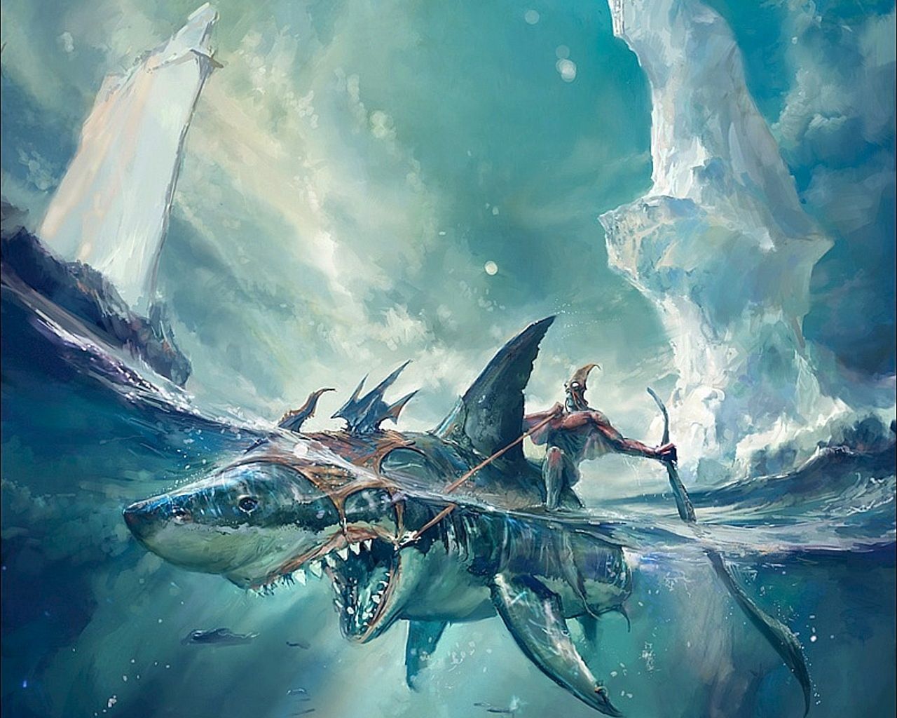 Guerriero cavalca squalo gigante, 1280x1024 720p, PC