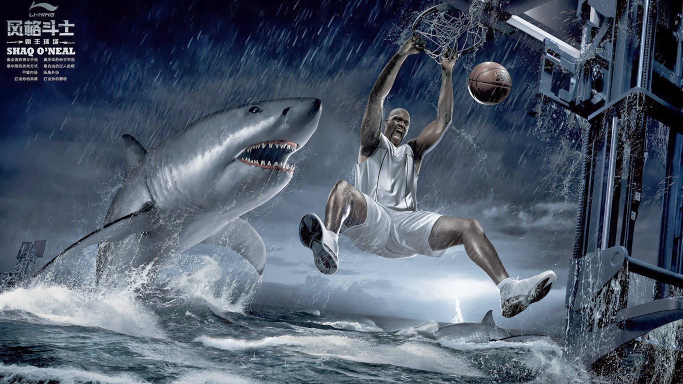 Shaquille O'Neal schiaccia su squalo, 1366x768 HD, Desktop