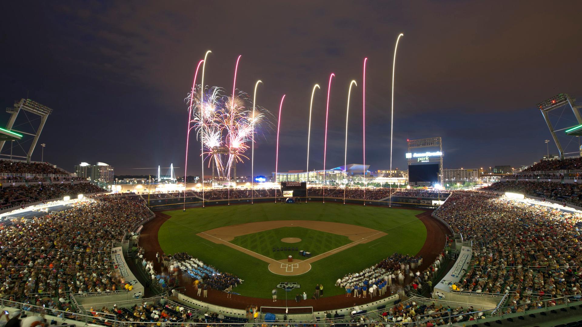 Stadio baseball notturno con fuochi d'artificio, 1920x1080 Full HD, Laptop