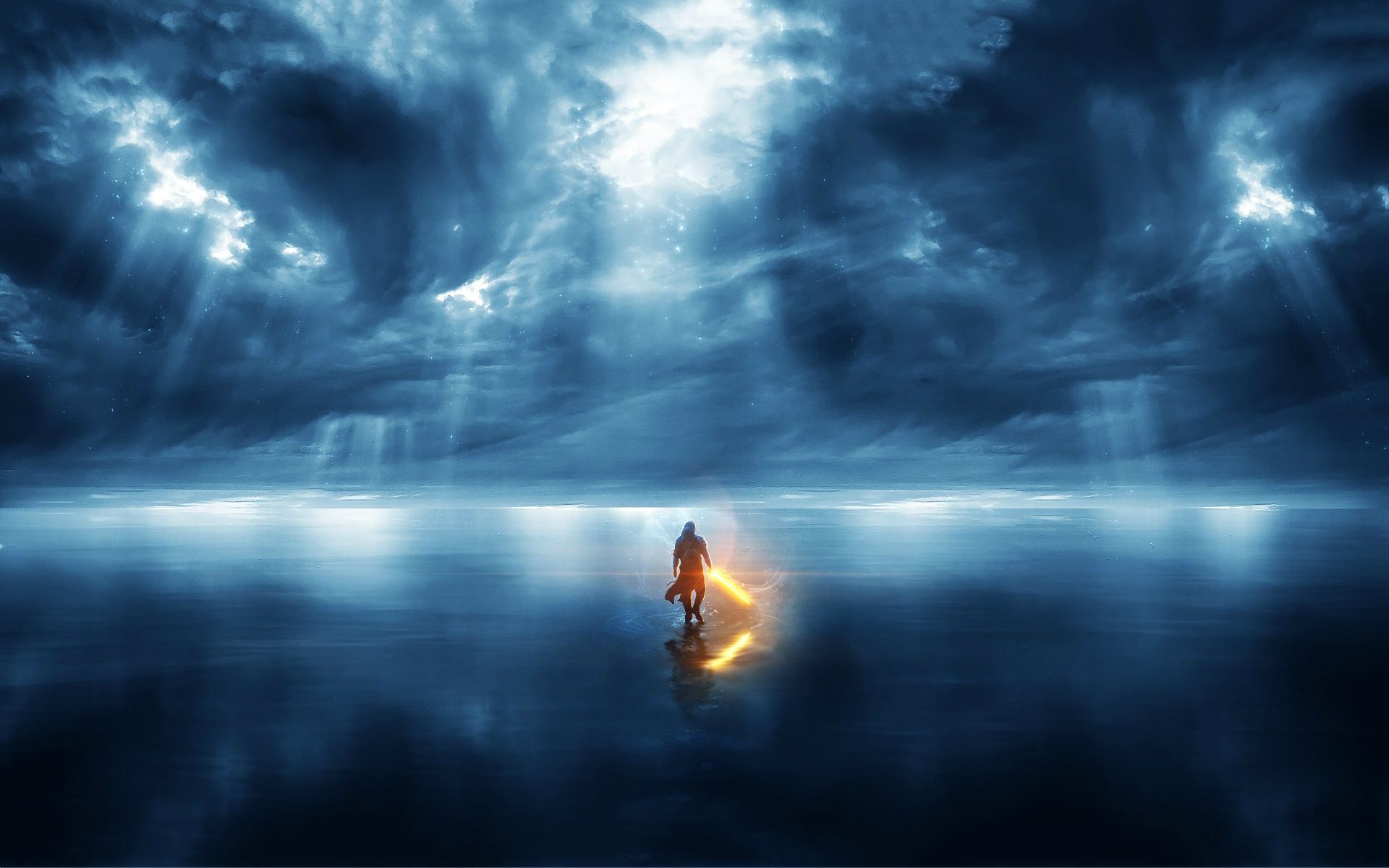 Jedi con spada laser, oceano, 1920x1200 Full HD+, Desktop