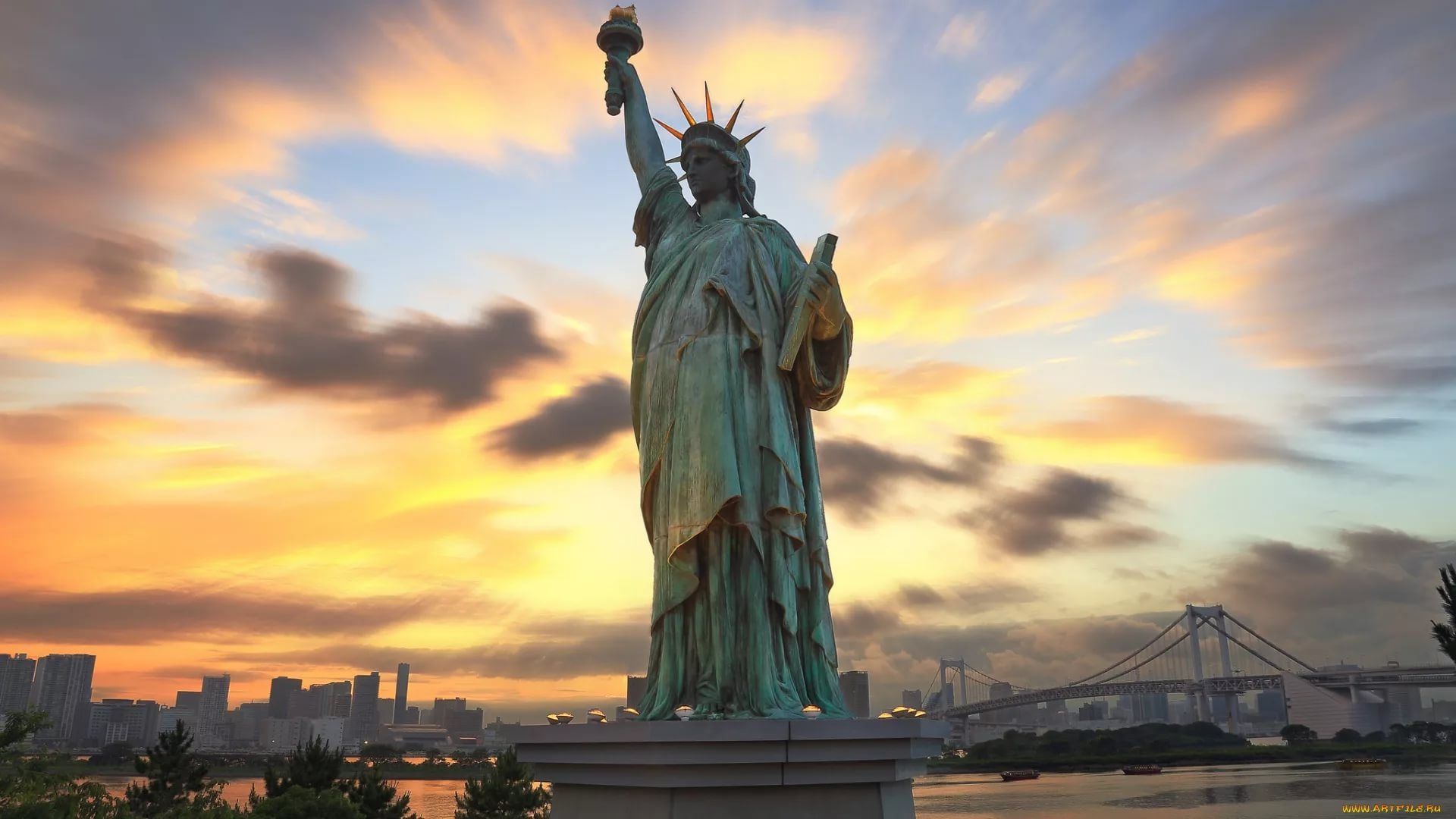 Statua della Libertà tramonto, 1920x1080 Full HD, PC Desktop