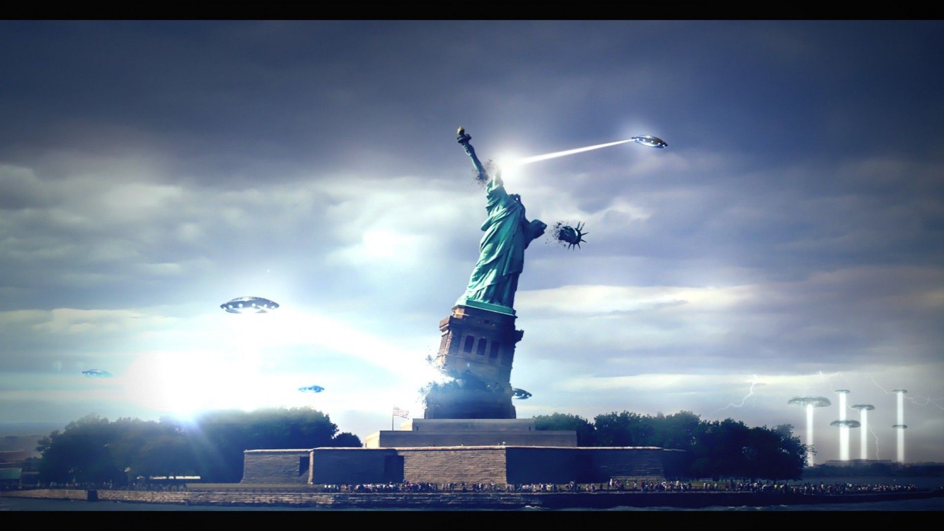 Statua della Libertà distrutta, astronavi, 1920x1080 Full HD, Desktop