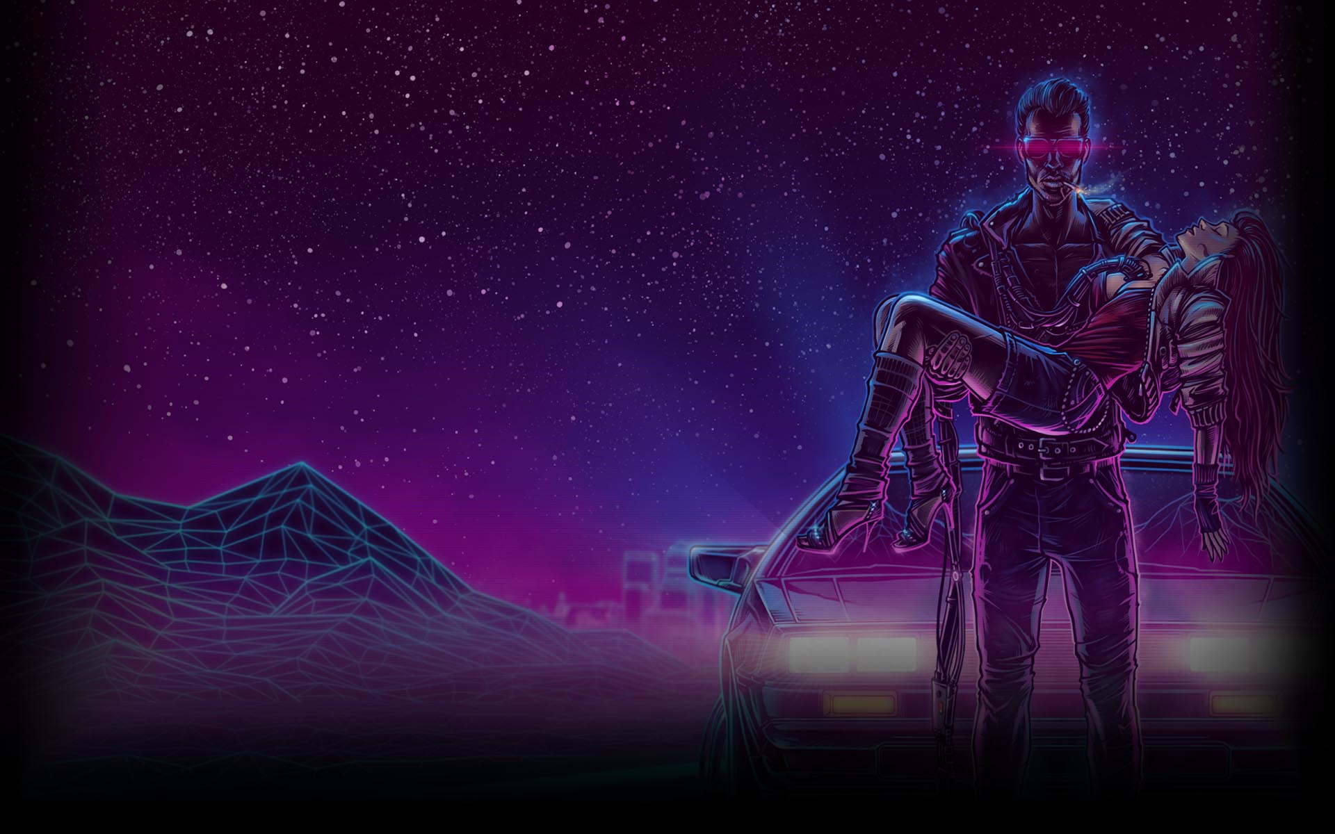 Robot cyberpunk paesaggio viola notte, 1920x1200 WUXGA, PC Desktop