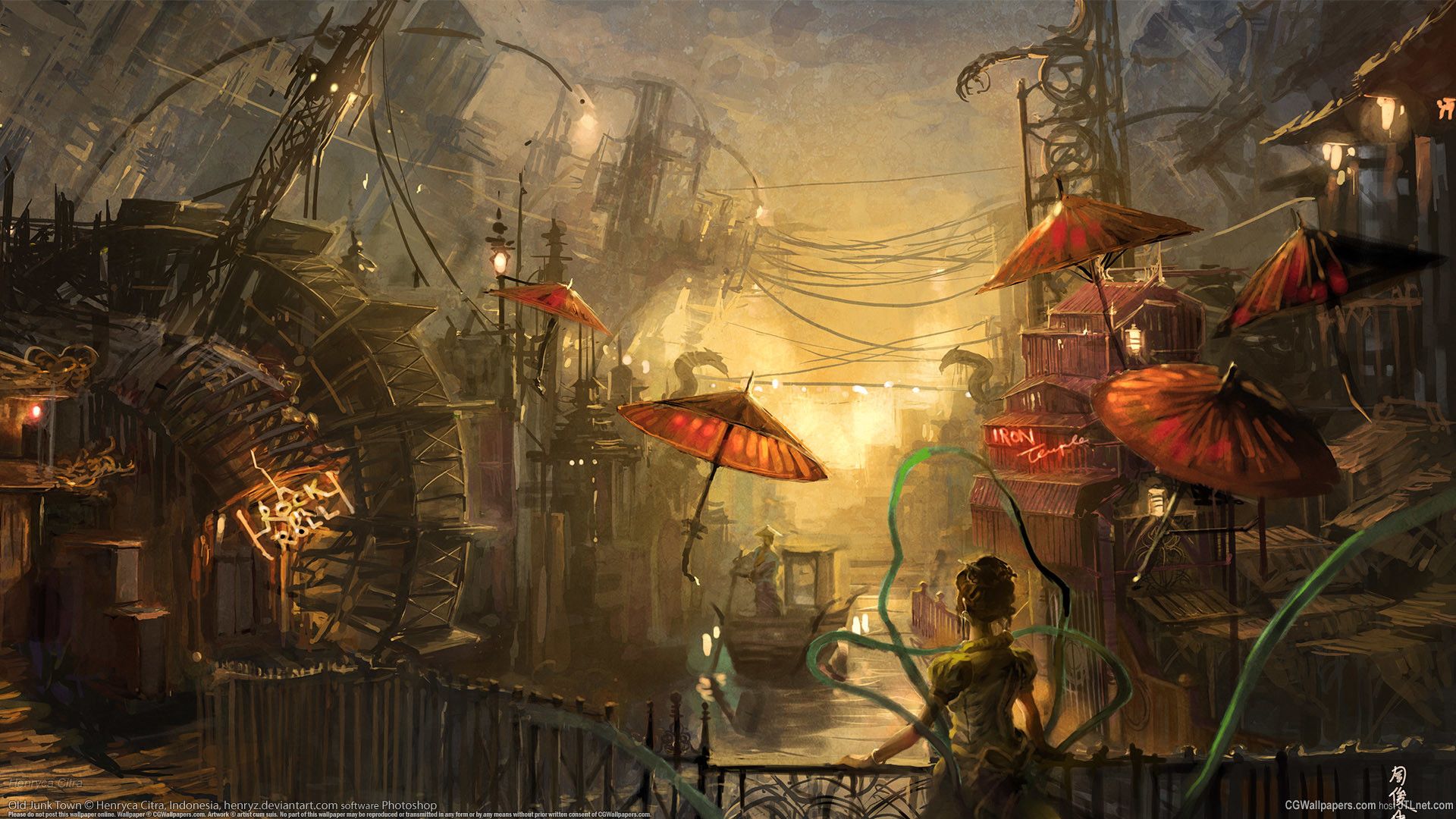 Città steampunk con ombrelli rossi, 1920x1080 Full HD 1080p, PC Desktop