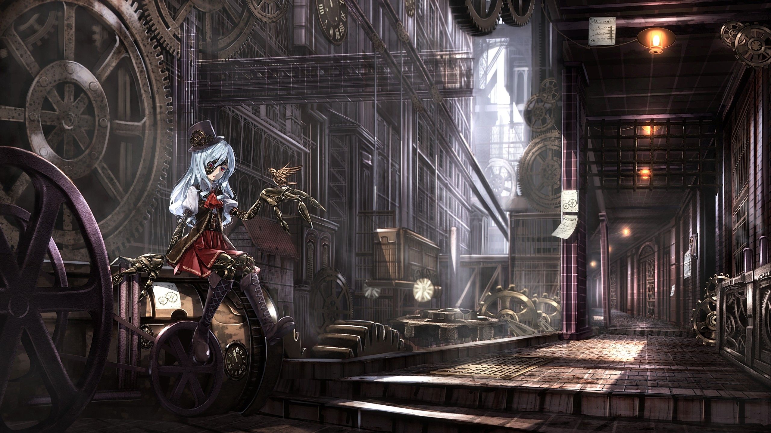 Ragazza su moto in vicolo steampunk, 2560x1440 2K, Desktop