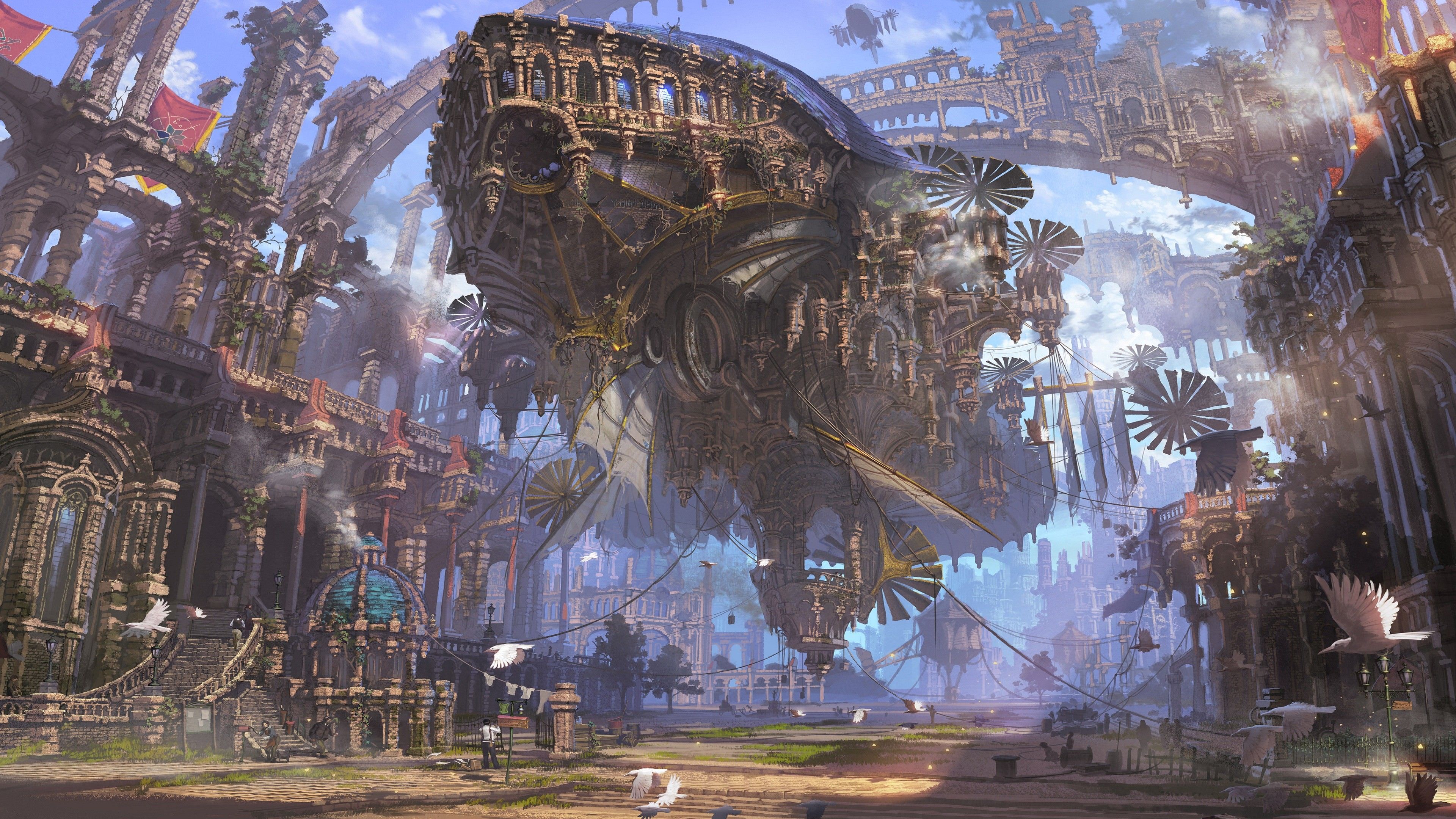 Città steampunk con ingranaggi volanti, 3840x2160 4K, Monitor 4K