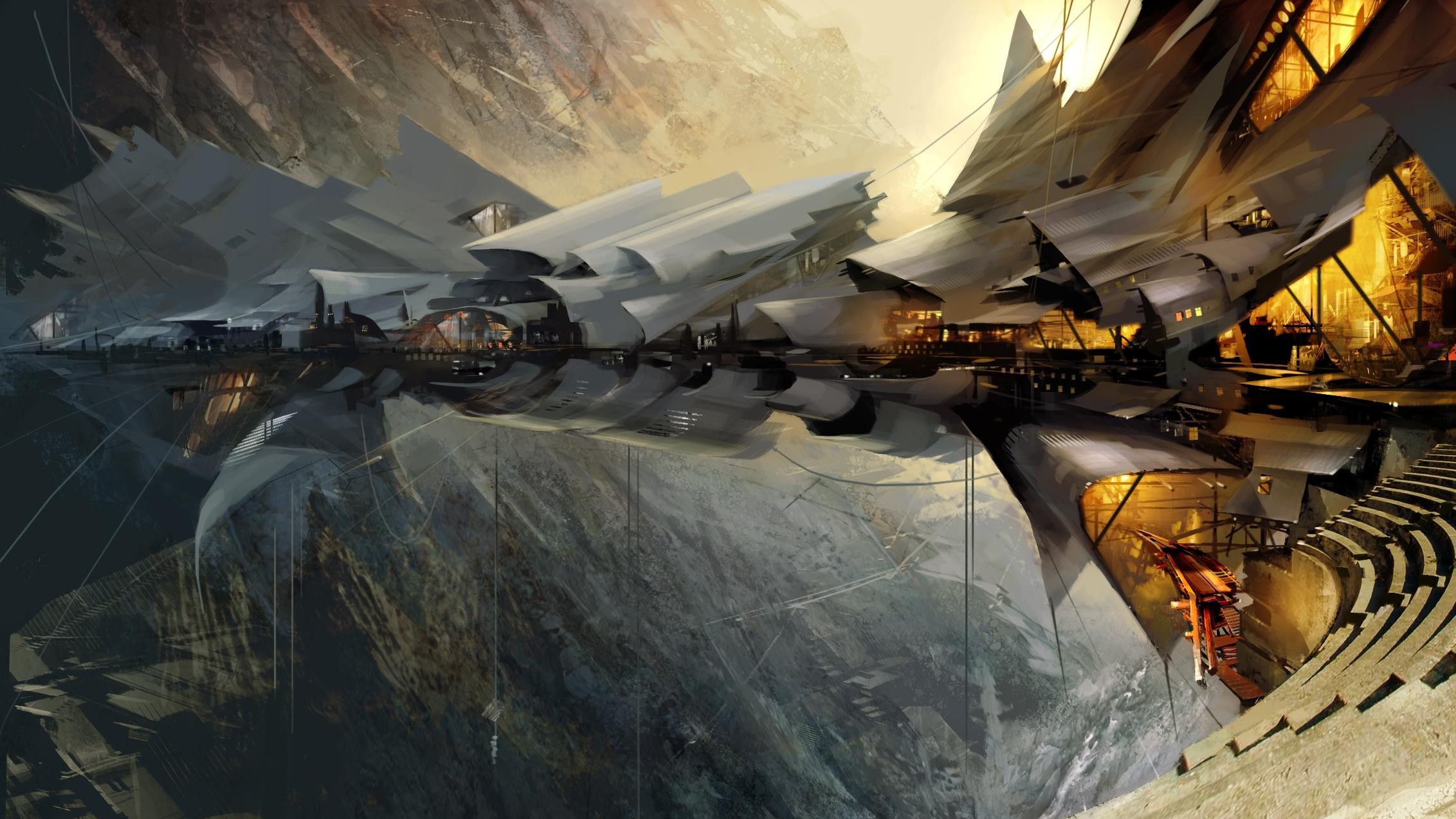 Città steampunk tra montagne rocciose, 2264x1274 Hi-Res, Desktop