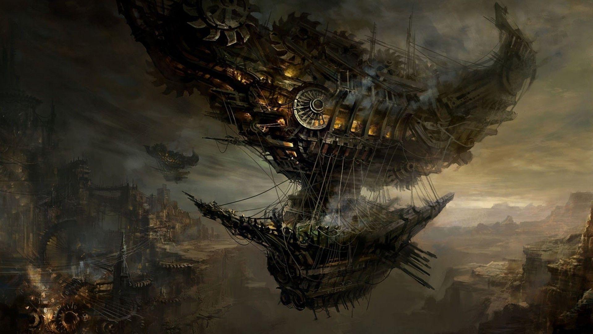 Nave volante steampunk ingranaggi, 1920x1080 Full HD 1080p, PC