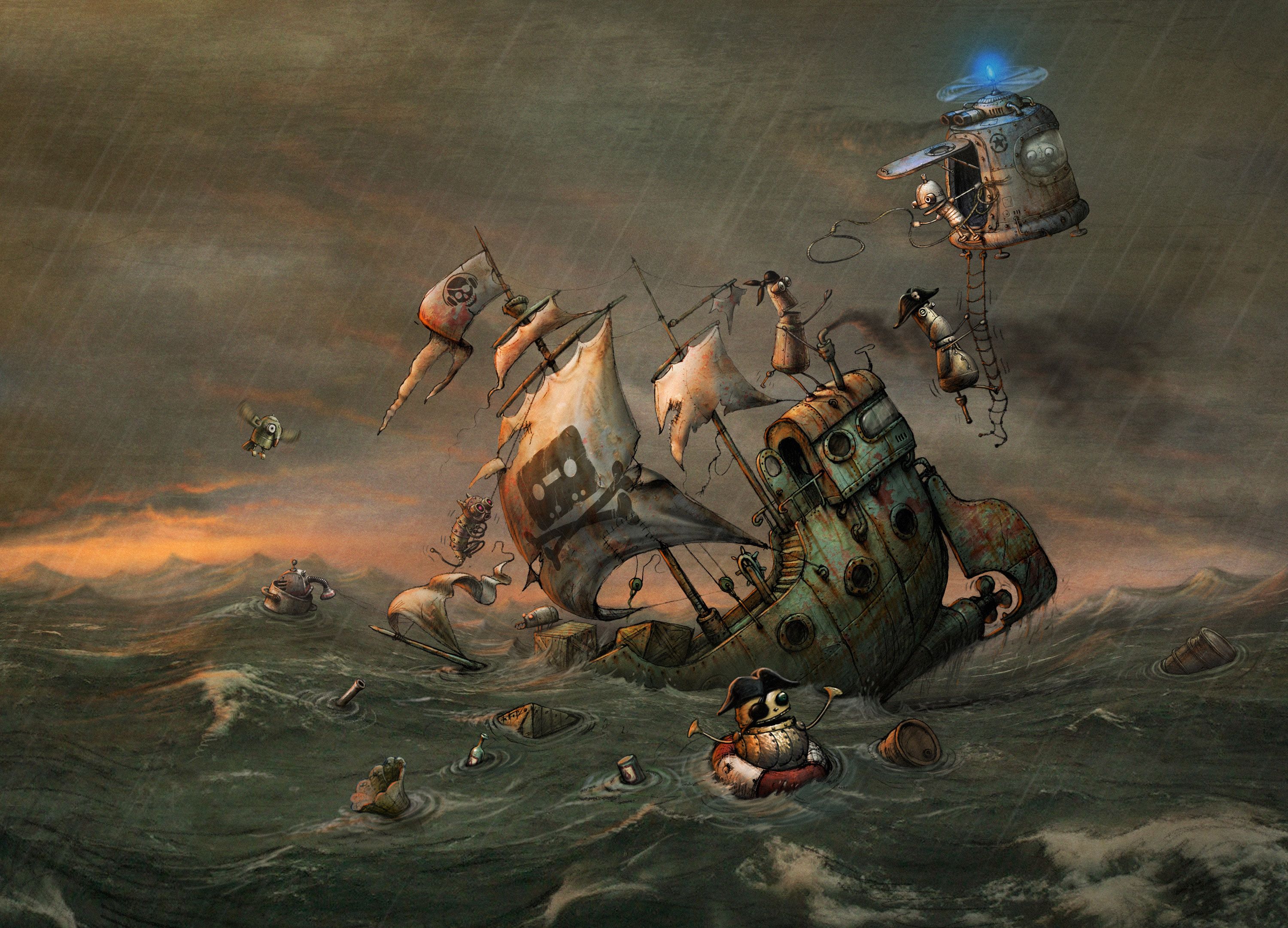 Nave volante steampunk in tempesta, 3000x2163 2K, Desktop